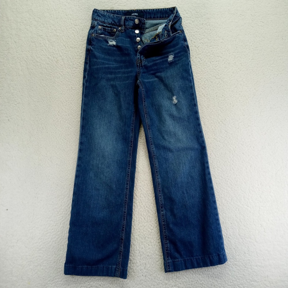 AERO High Rise Wide Leg Jeans Distressed Blue Denim Women's Size 0‎ Reg (Hemmed)